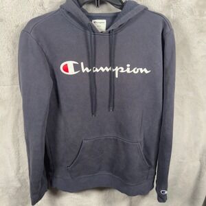 Champion Hoodie Navy Blue Classic Logo Graphic Pullover Men's Size S